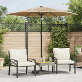 Brown garden parasol with a steel pole and 100% polyester fabric for UV protection.