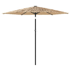 Brown garden parasol with steel pole, 105.5x105.5x89 inches, straw-like polyester canopy.