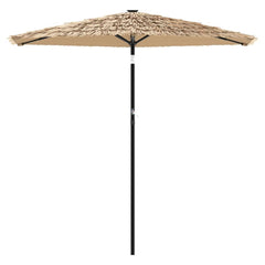 Brown Bostome garden parasol with straw-like polyester canopy and steel pole, 105.5x105.5x89 inches.