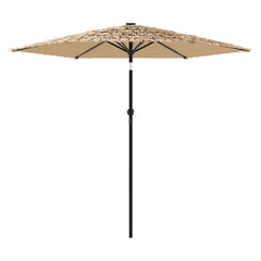 Brown garden parasol with 8-layer straw top and steel pole, measuring 105.5 by 105.5 inches.