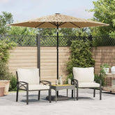 Brown garden parasol with steel pole and straw top, 105.5 by 105.5 inches canopy.