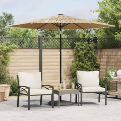 Brown garden parasol with steel pole and straw top, 105.5 by 105.5 inches canopy.