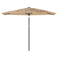 Brown outdoor umbrella with a steel pole and durable polyester fabric for UV and rain protection.