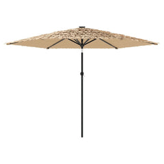 Brown outdoor umbrella with a steel pole and durable polyester fabric for UV and light rain protection.
