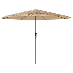 Brown garden parasol with steel pole and straw top, measuring 127.6x127.6x97.2 inches.