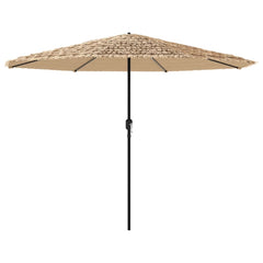 Brown outdoor umbrella with a steel pole and spacious shaded area for garden use.