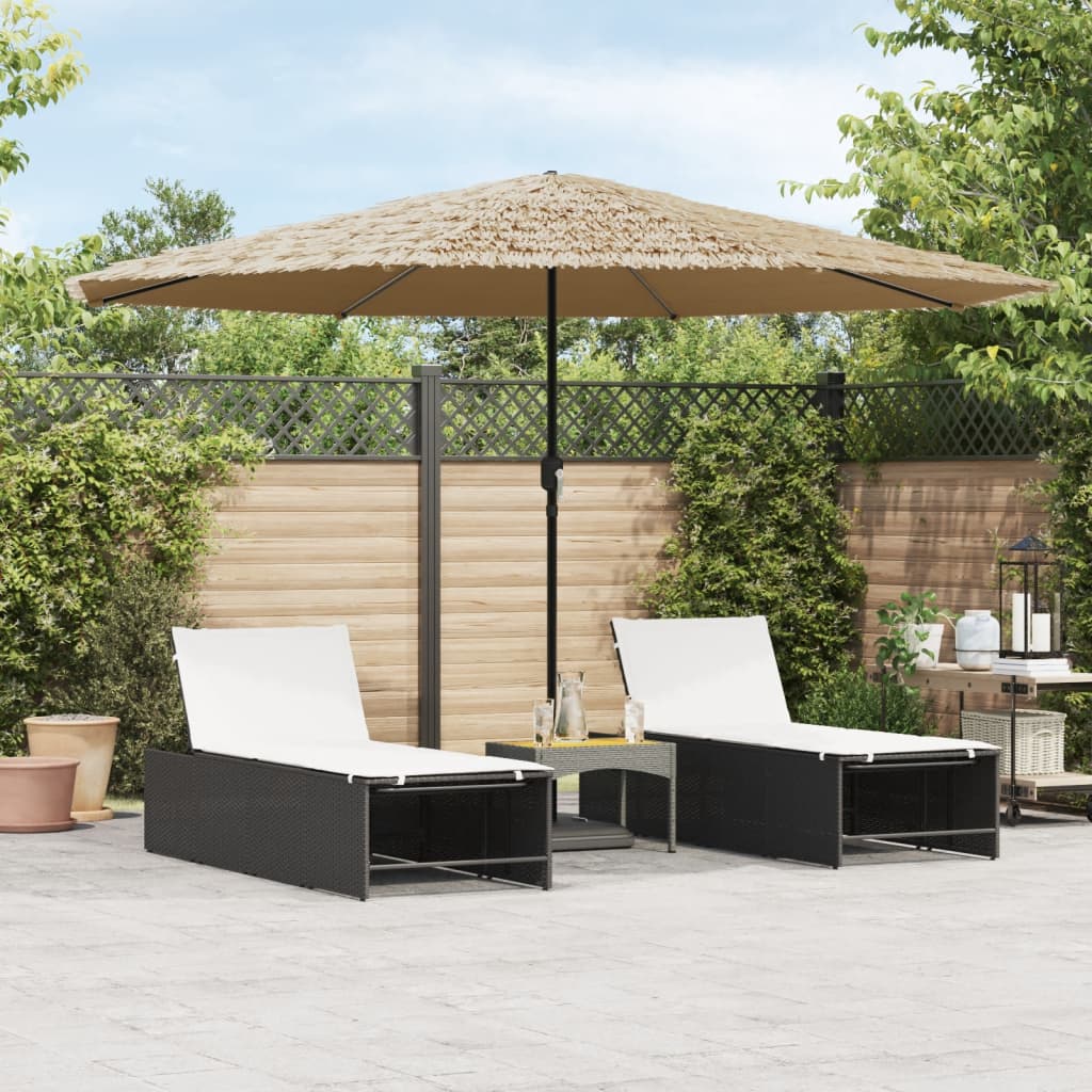 Brown outdoor umbrella with a steel pole and spacious shaded area for protection against sun and rain.