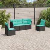 5 Piece Patio Sofa Set with Cushions Black Poly Rattan