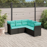 5 Piece Patio Sofa Set with Cushions Black Poly Rattan