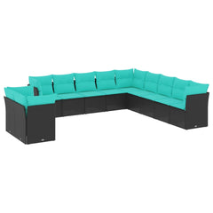 11 Piece Patio Sofa Set with Cushions Black Poly Rattan