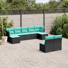 9 Piece Patio Sofa Set with Cushions Black Poly Rattan
