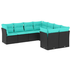 8 Piece Patio Sofa Set with Cushions Black Poly Rattan