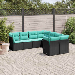 8 Piece Patio Sofa Set with Cushions Black Poly Rattan