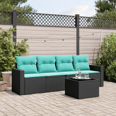5 Piece Patio Sofa Set with Cushions Black Poly Rattan