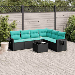 7 Piece Garden Sofa Set with Cushions Black Poly Rattan