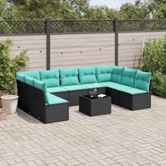 10 Piece Garden Sofa Set with Cushions Black Poly Rattan
