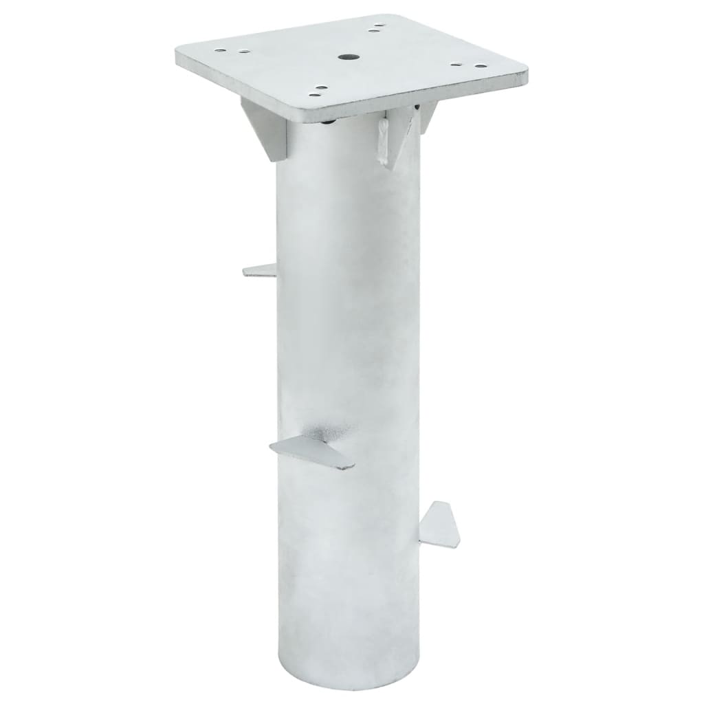 Silver steel in-ground parasol base with a 6.3"x6.3" mounting plate for stability.