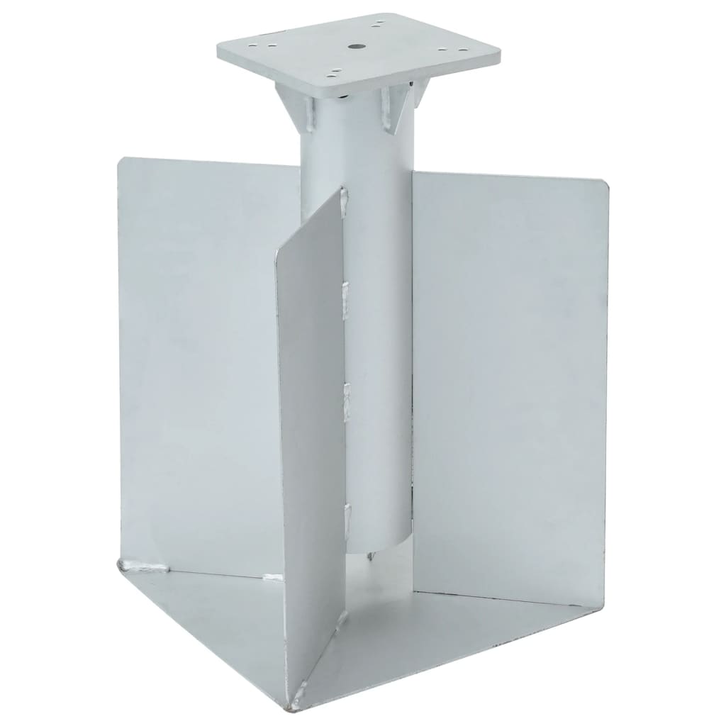 Silver steel in-ground parasol base with square mounting plate and metal wings for stability