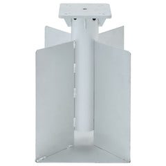 Silver steel in-ground parasol base with square mounting plate and hinged wings.