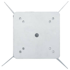 Silver steel in-ground parasol base with square mounting plate and four metal wings for stability
