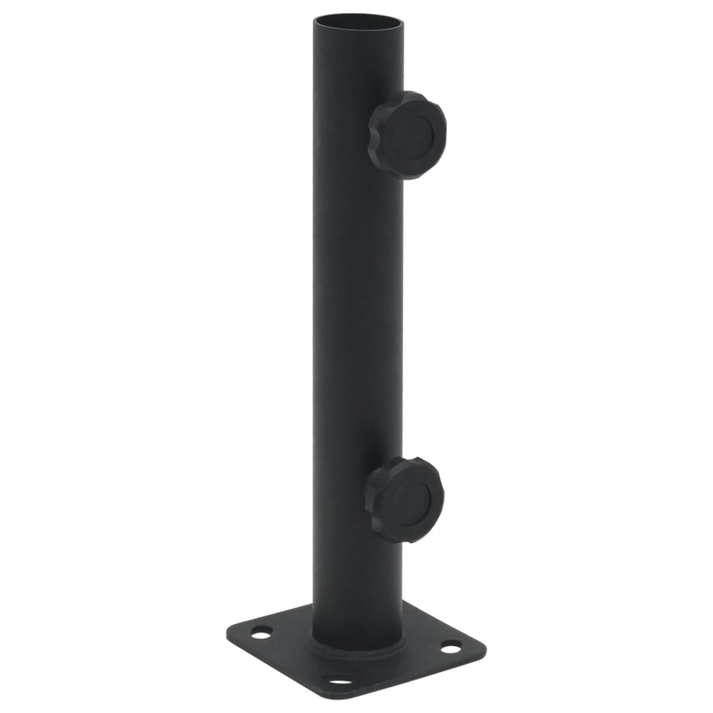A black steel parasol base with a square mounting plate and two tightening knobs.