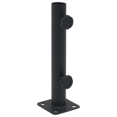 A black steel parasol base with a square mounting plate and two tightening knobs.