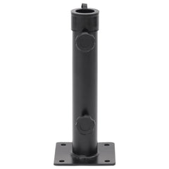 Matt black steel parasol base with adjustable knobs and square mounting plate for 1.5/1.9 inch poles.