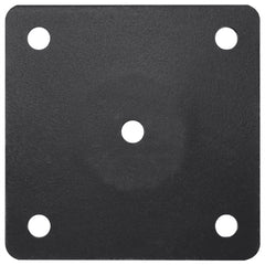 Matt black steel parasol base with four corner holes and central pole fitting for 1.5/1.9-inch poles.
