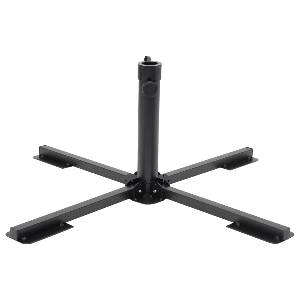 Glossy black foldable steel parasol base with cross legs for 1.5/1.9-inch poles.