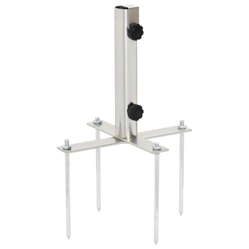 Silver steel parasol base with four ground spikes and adjustable knobs for 1.3-1.5 inch poles