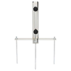 Silver steel parasol base with ground spikes for 1.3-1.5 inch poles.