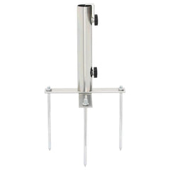 Silver steel parasol base with adjustable tube, knob, and three ground spikes for 1.3-1.5 inch poles.