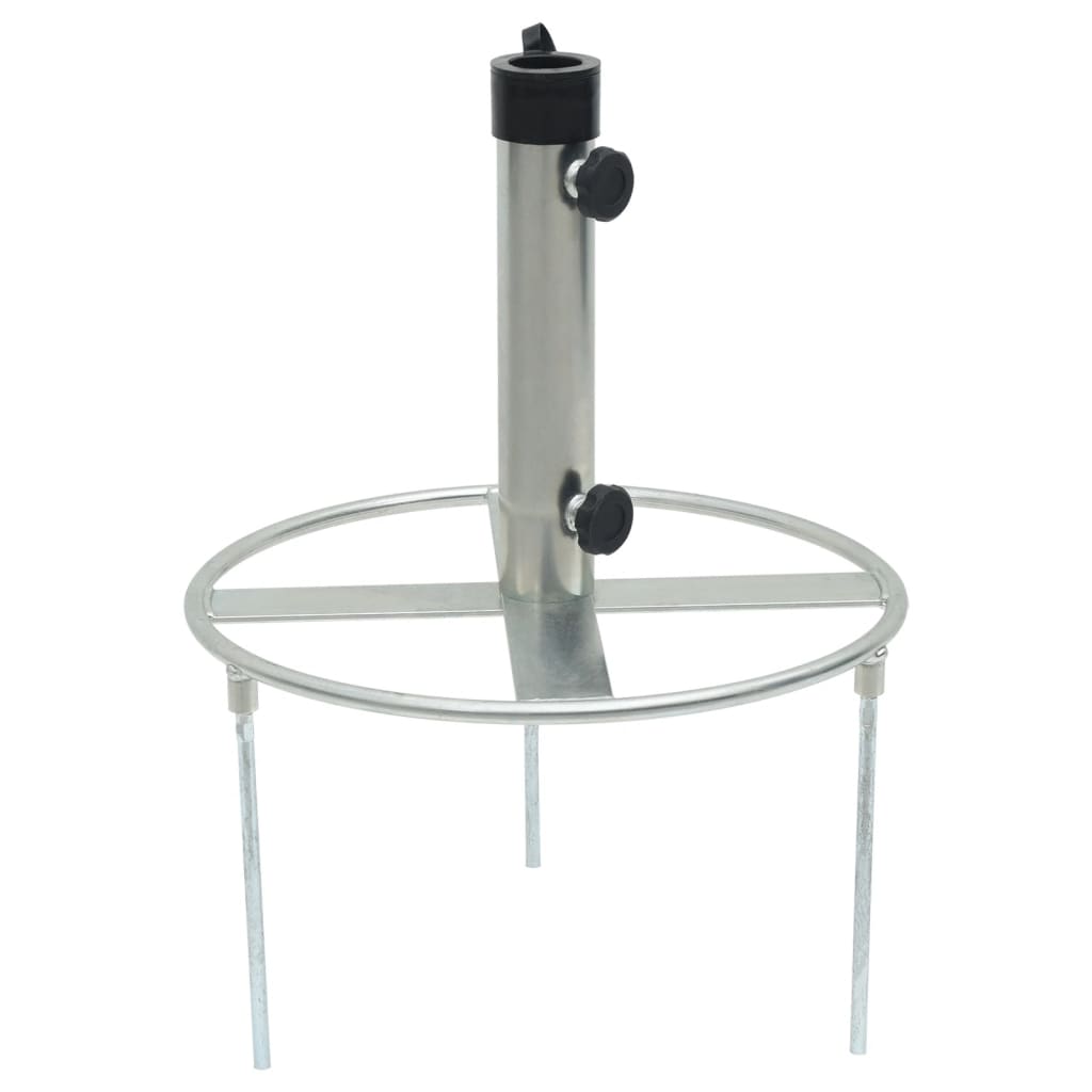Silver steel parasol base with ground spikes for stability, adjustable for 1.5" to 1.9" poles.