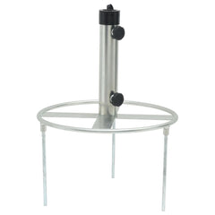 Silver steel parasol base with three ground spikes for stability and adjustable pole size.