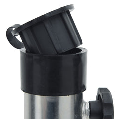 Silver steel parasol base with three ground spikes for stability and adjustable pole fitting.