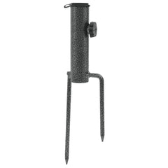 Two galvanized steel parasol stands with spikes for stability in outdoor settings.