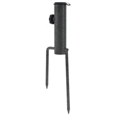 Two galvanized steel parasol stands with spikes for stability in outdoor settings.