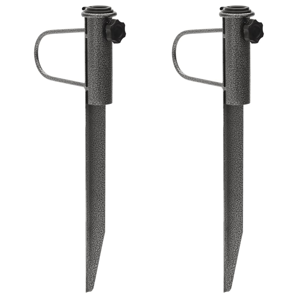 Two galvanized steel parasol stands with spikes and adjustable clamps, 7.5x16.5 inches.