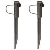 Two galvanized steel parasol stands with spikes and adjustable clamps, 7.5x16.5 inches.