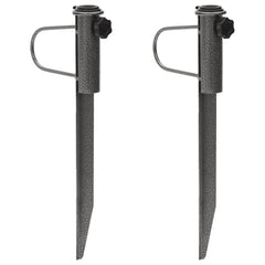 Two galvanized steel parasol stands with spikes and adjustable clamps, 7.5x16.5 inches.