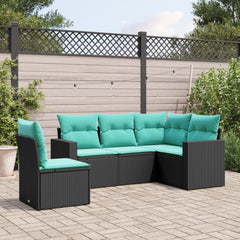 5 Piece Patio Sofa Set with Cushions Black Poly Rattan
