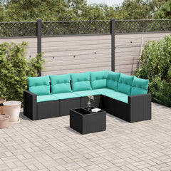 7 Piece Patio Sofa Set with Cushions Black Poly Rattan
