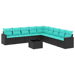 10 Piece Patio Sofa Set with Cushions Black Poly Rattan
