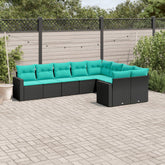 9 Piece Patio Sofa Set with Cushions Black Poly Rattan