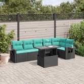 7 Piece Garden Sofa Set with Cushions Black Poly Rattan