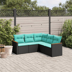 5 Piece Patio Sofa Set with Cushions Black Poly Rattan