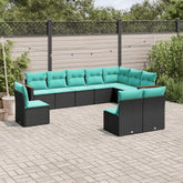 10 Piece Patio Sofa Set with Cushions Black Poly Rattan