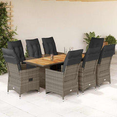 Bistro Set Grey PE rattan 8-seater Adjustable Footrests