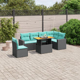 7 Piece Patio Sofa Set with Cushions Black Poly Rattan