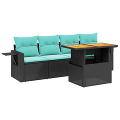 5 Piece Patio Sofa Set with Cushions Black Poly Rattan